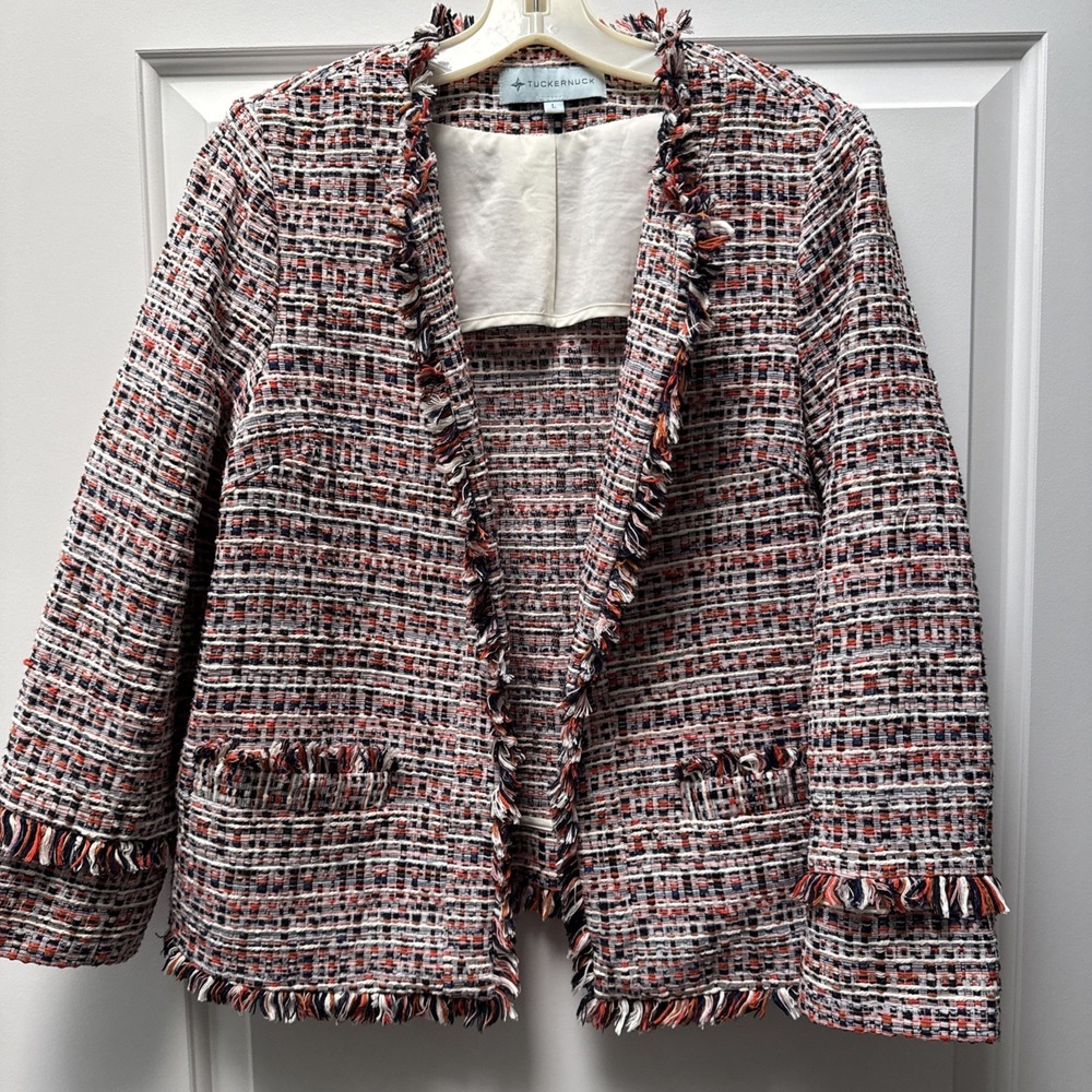 Tuckernuck Tweed Jacket Women's Large Multi Ellsworth Fringe Trim Front‎ Pockets - Picture 3 of 14